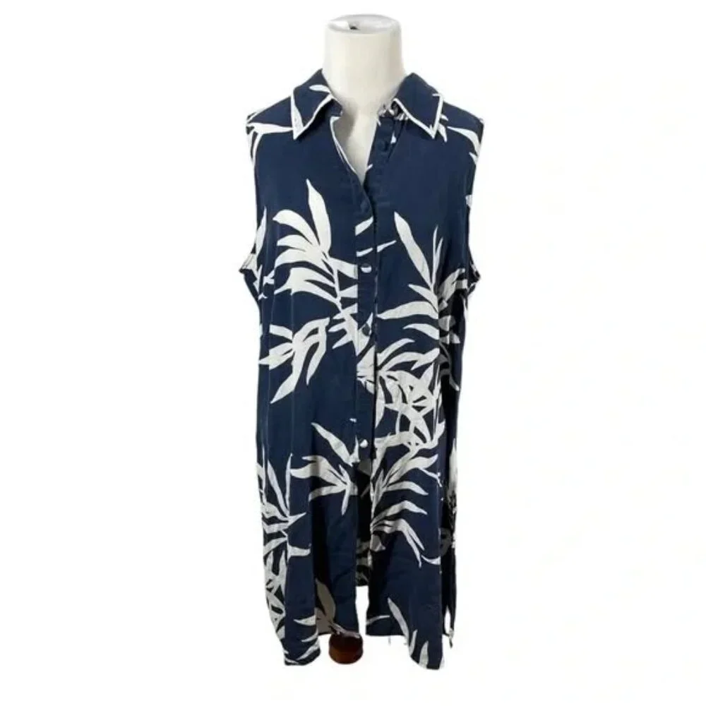 100% Silk Sully Bonnelly Navy Blue and White Floral Sheath Dress. Size 18W - Picture 1 of 5